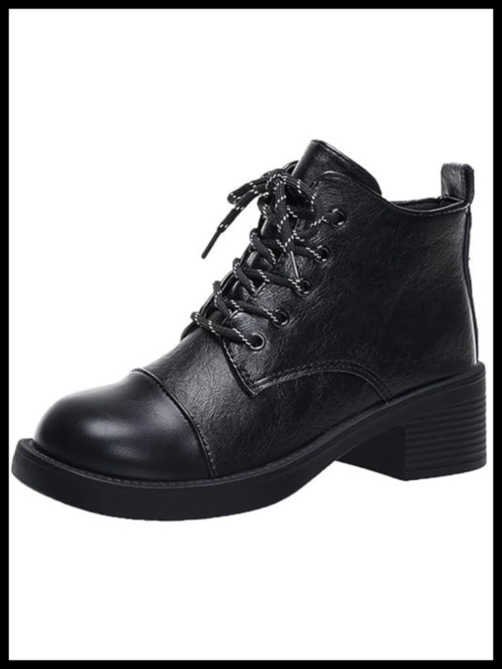 Leather Lace Up Chunky Block Heel Ankle Boots Round Toe Comfort Booties